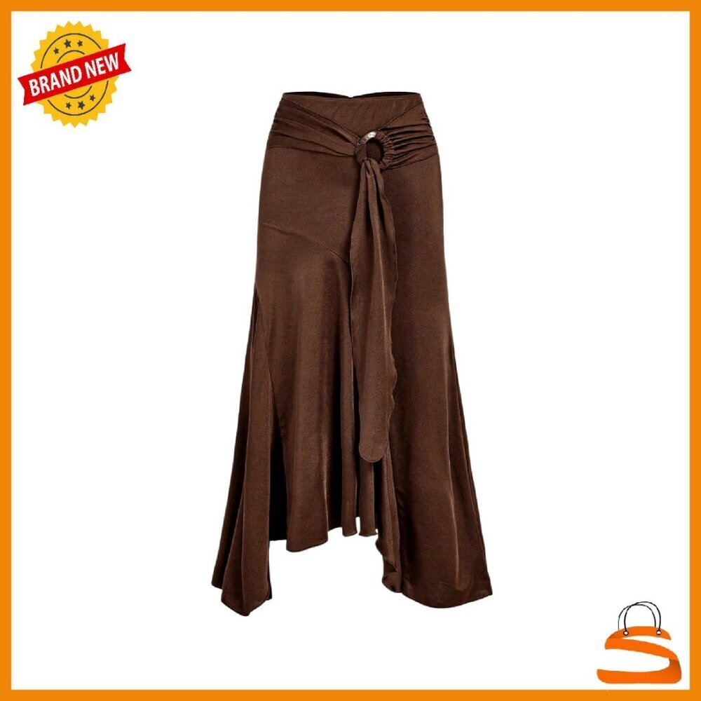 Vintage Boho Asymmetrical Long Skirt with Metal Rings Ruched Flowy